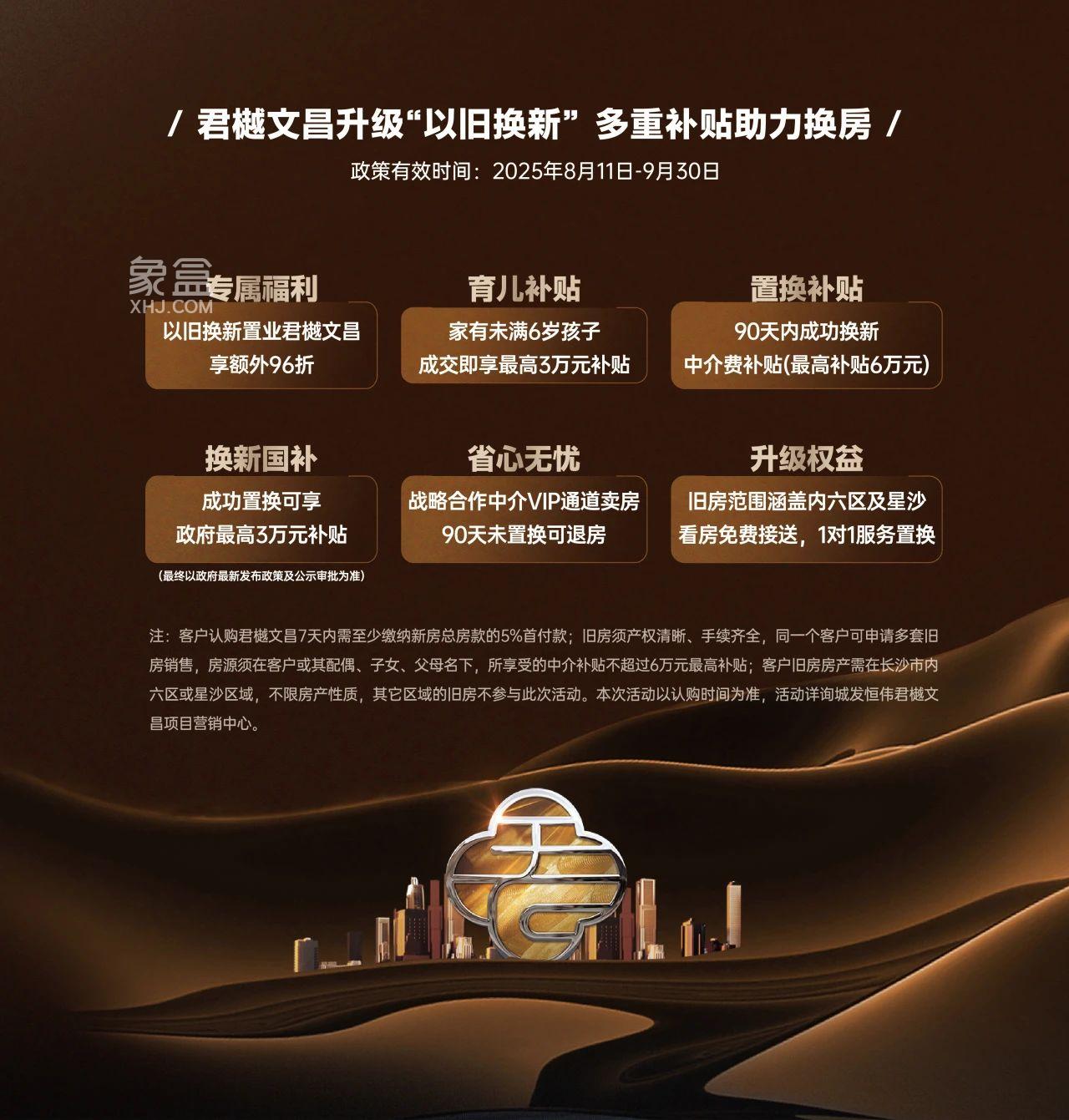 8月11-9月30日城发恒伟君樾文昌以旧换新2.0，文昌阁建面227-295㎡大平层最高补贴27万！