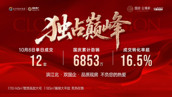 10月1-8日国欣云境府劲销6853万元，月亮岛建面110-185㎡双书包现房热销！