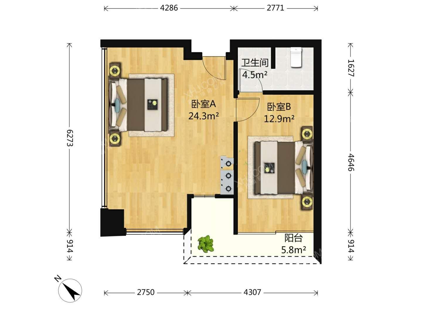 公园西  2室1厅1卫   2100.00元/月室内图1