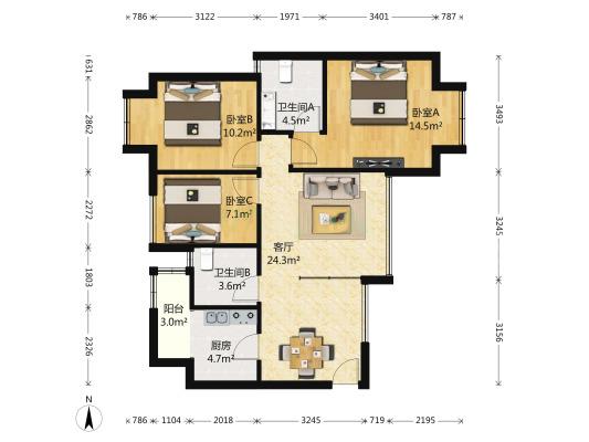 长虹和悦府  3室2厅2卫   193.00万室内图1