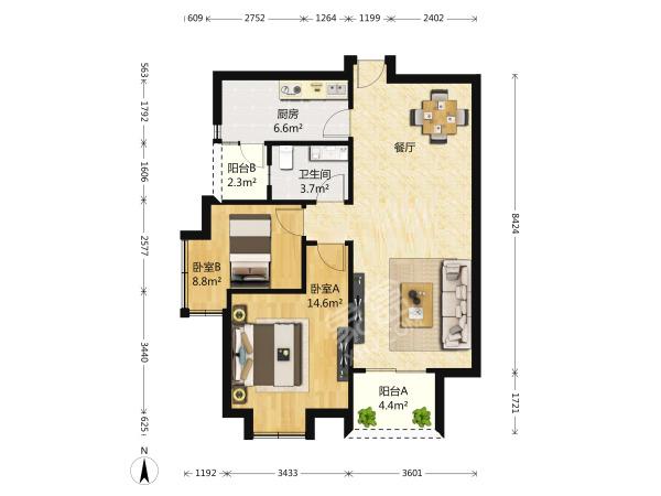 南城都汇汇智苑  2室2厅1卫   3500.00元/月室内图1