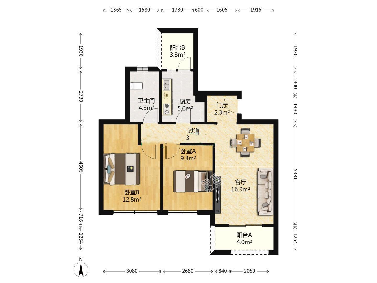 朗基龙堂  2室2厅1卫   2300.00元/月室内图1