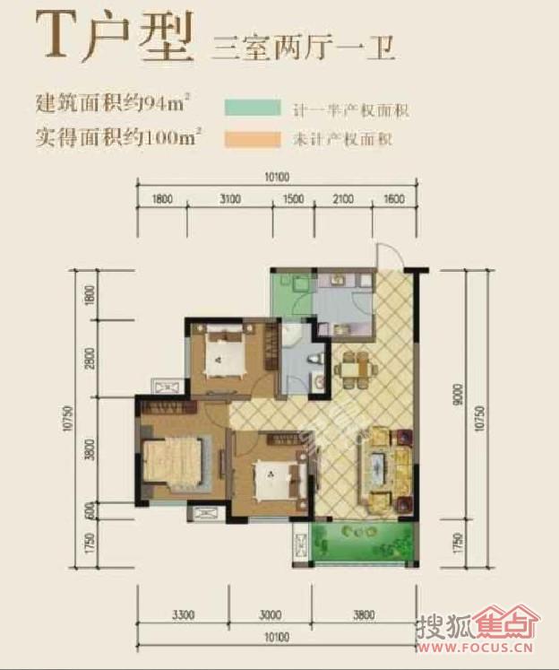 佳兆业君汇上品  3室2厅1卫   150.00万室内图1