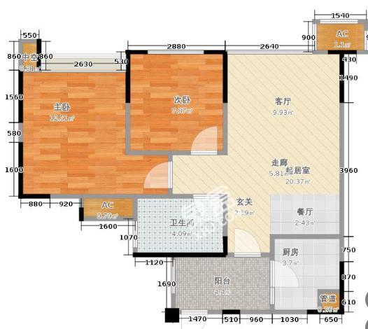 凯德世纪名邸  2室1厅1卫   2600.00元/月室内图1