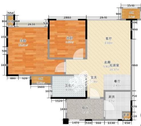 凯德世纪名邸  2室1厅1卫   3200.00元/月室内图1