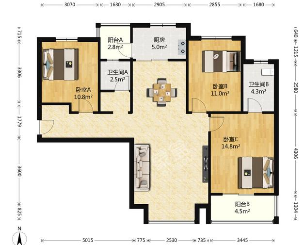 招商依云曲江一期  3室2厅2卫   220.00万户型图