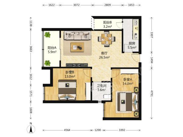 中海城南华府  2室1厅1卫   5500.00元/月室内图1