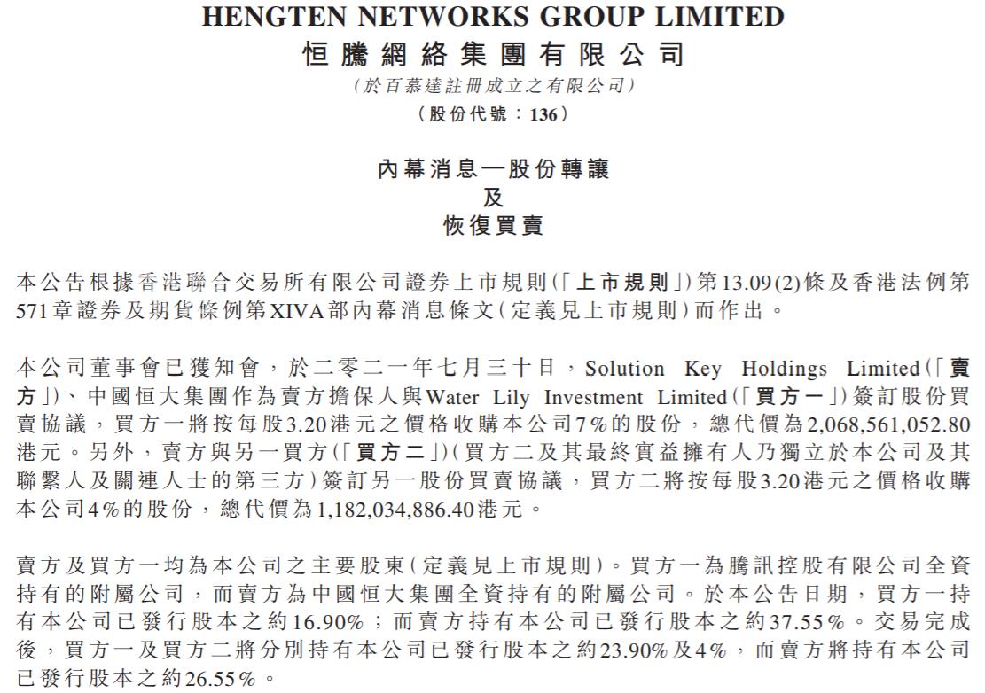 恒大32.5亿港元出售恒腾网络11%股权，腾讯接盘7%