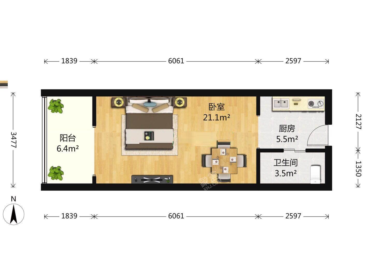 一品CG  1室1厅1卫   2000.00元/月室内图1