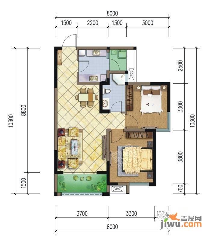 二江花园  2室1厅1卫   1600.00元/月户型图