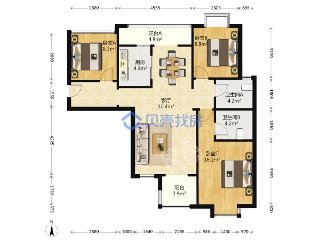 首创国际城  3室2厅2卫   186.00万户型图