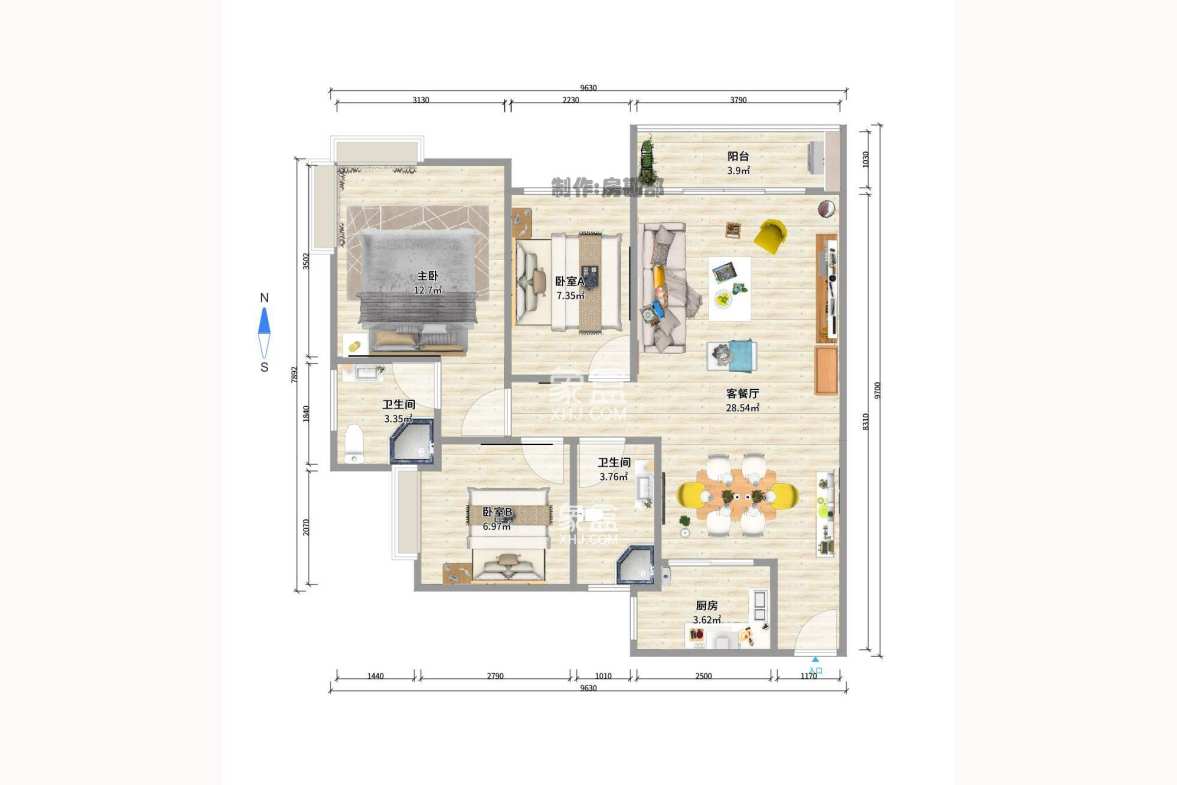 高信向日葵  3室2厅2卫    2600.0元/月 高信向日葵  3室2厅2卫    2600.0元/月户型图