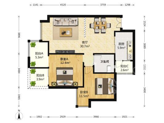 橙花风景  2室2厅1卫   190.00万室内图1