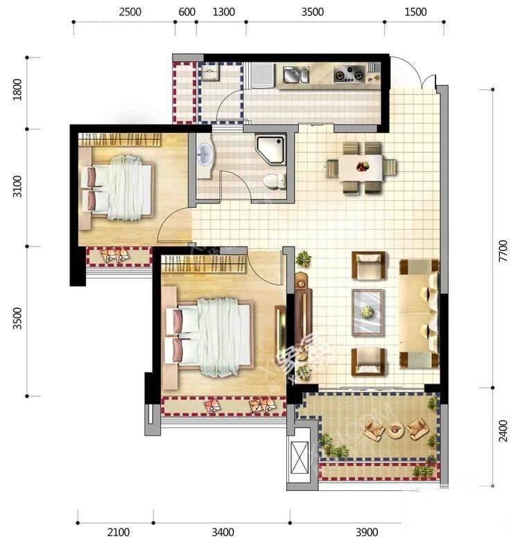 新城国际  2室2厅1卫   3600.00元/月室内图1