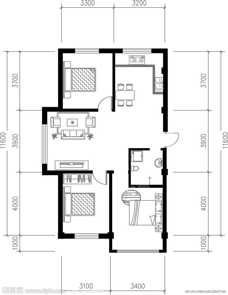 马良小区  3室2厅2卫   58.00万户型图