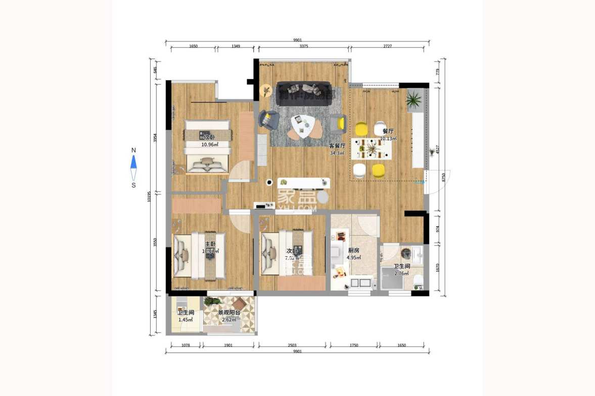 湘府十城(汇财御景湾新寓,汇财国际) 3室2厅2卫 1900.0元/月 湘府十城(汇财御景湾新寓,汇财国际) 3室2厅2卫 1900.0元/月户型图