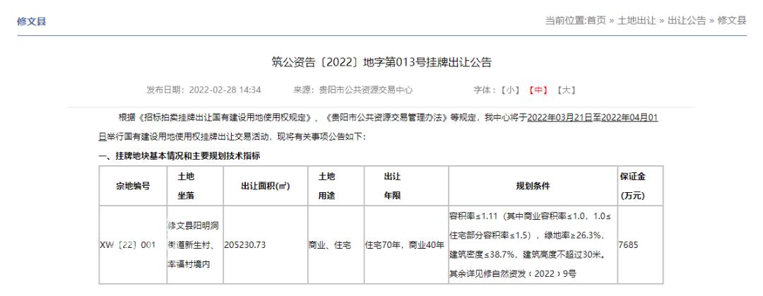 起始价超2.56亿，修文县挂牌20.52万方商住地