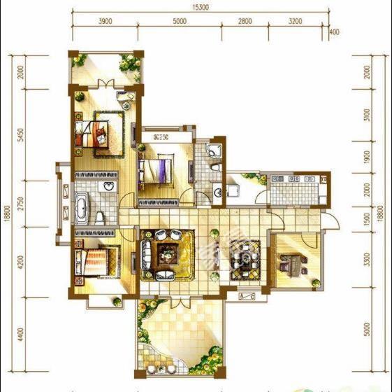 天府美岸  3室2厅1卫   3200.00元/月户型图