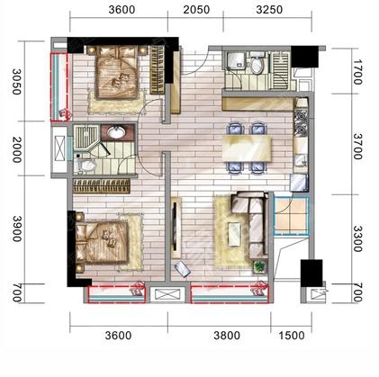 誉峰遇见  2室2厅1卫   4900.00元/月室内图1