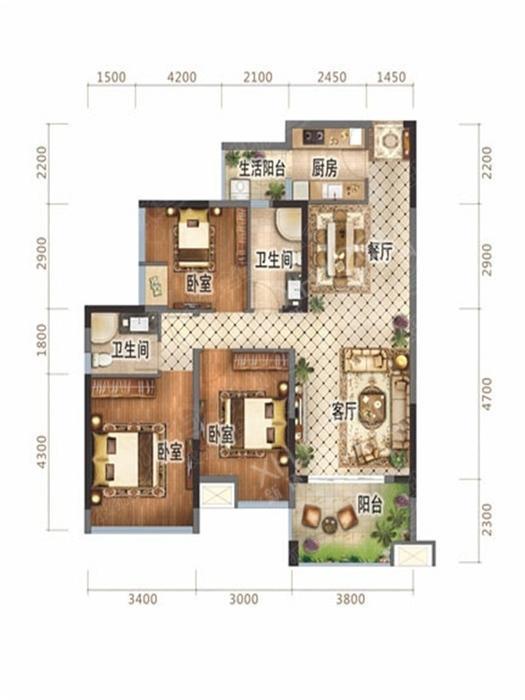 万锦城  3室2厅2卫   2000.00元/月室内图1