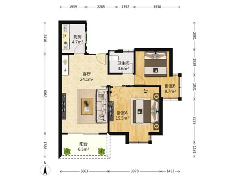 中大君悦金沙五期  2室1厅1卫   2800.00元/月室内图1