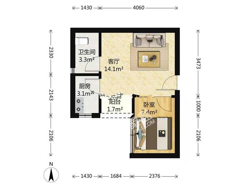 左右小区  1室1厅1卫   1500.00元/月室内图1