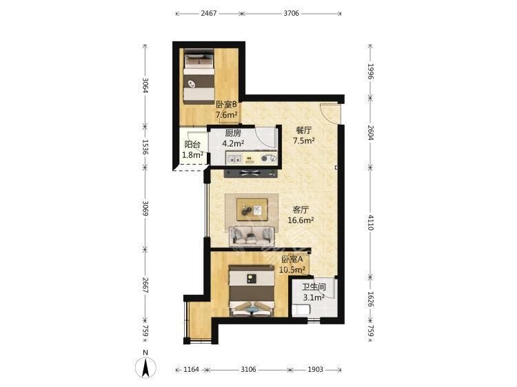 时代晶座  2室2厅1卫   2800.00元/月室内图1