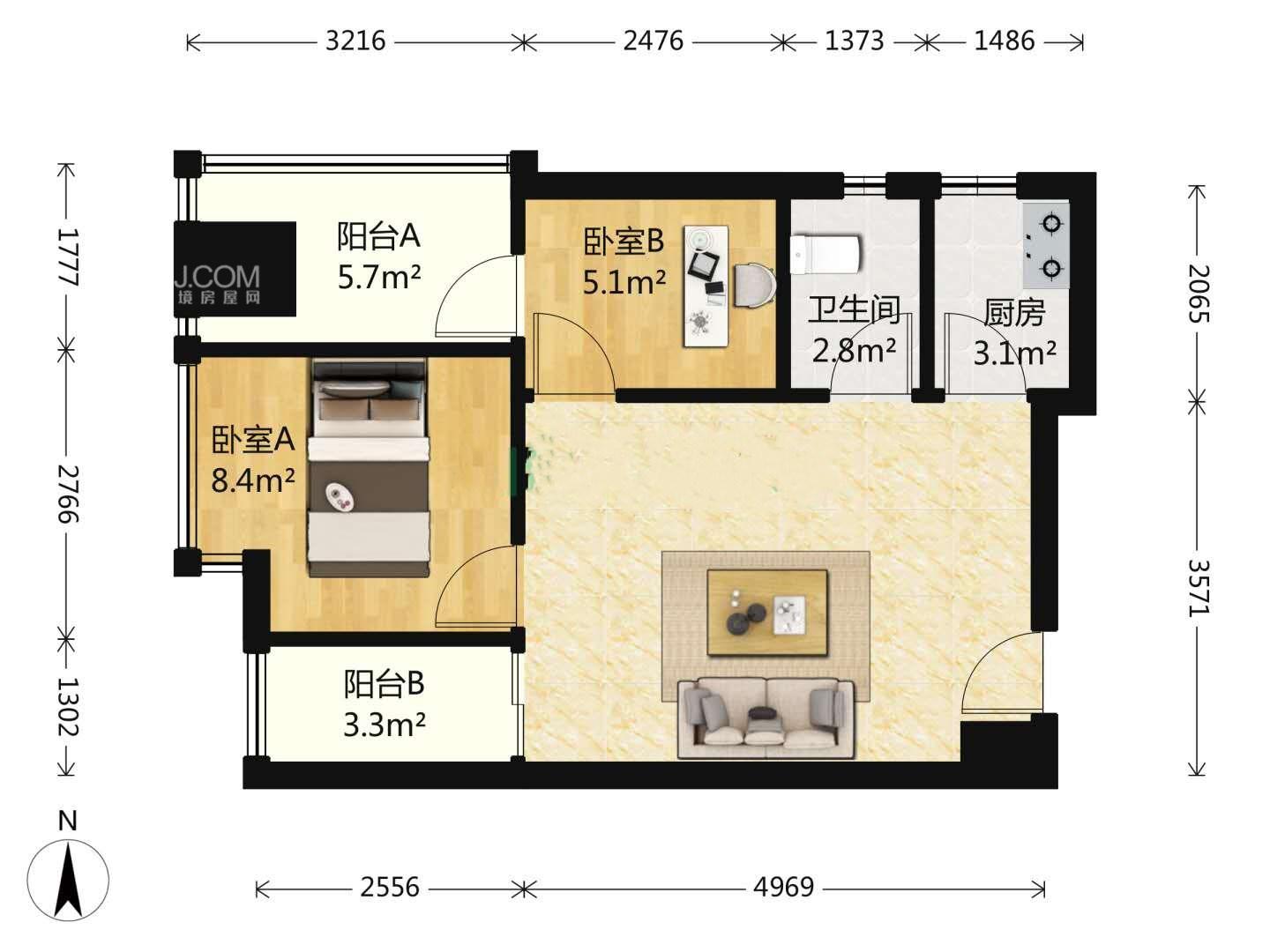 左右小区  2室2厅1卫   77.00万客厅