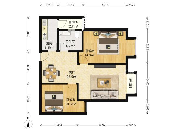 蜀都中心二期  2室1厅1卫   3700.00元/月室内图1