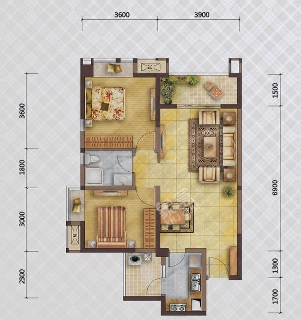 二江花园  2室1厅1卫   1700.00元/月户型图