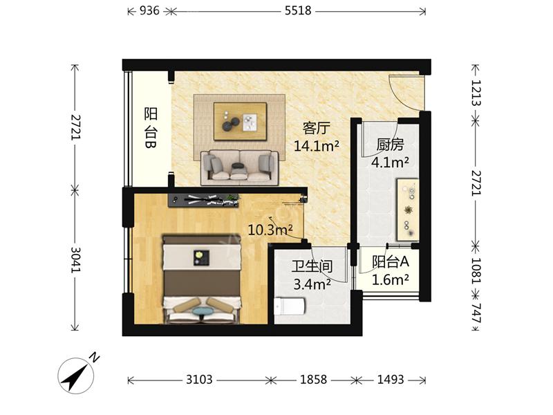 蜀辉路299号  1室1厅1卫   1500.00元/月室内图1