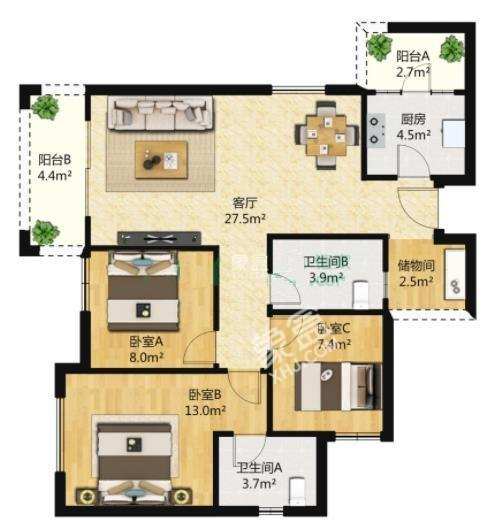 天府鹤林-东区（二期）  2室2厅1卫   2300.00元/月户型图