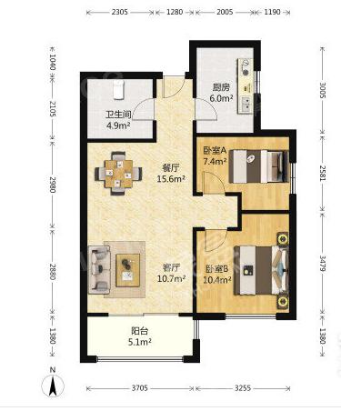 春临小区  2室2厅1卫   1800.00元/月户型图