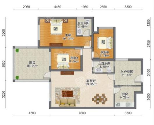 南湖国际5期  3室2厅2卫   225.00万户型图