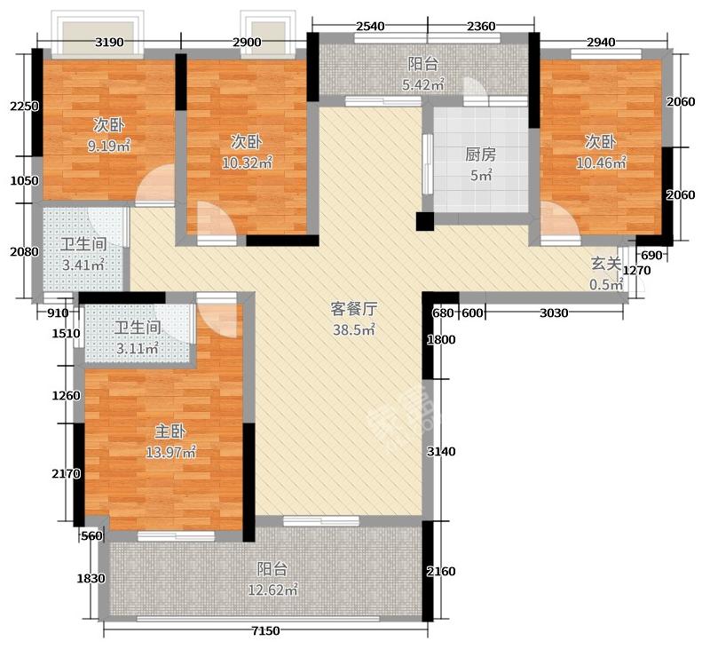 碧桂园  4室2厅1卫   2500.00元/月户型图