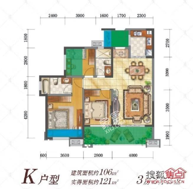 华汇天地  3室2厅1卫   2200.00元/月室内图1