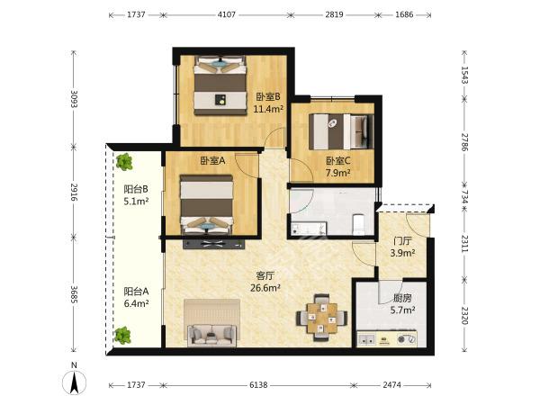 凯德世纪名邸  3室1厅1卫   3700.00元/月室内图1