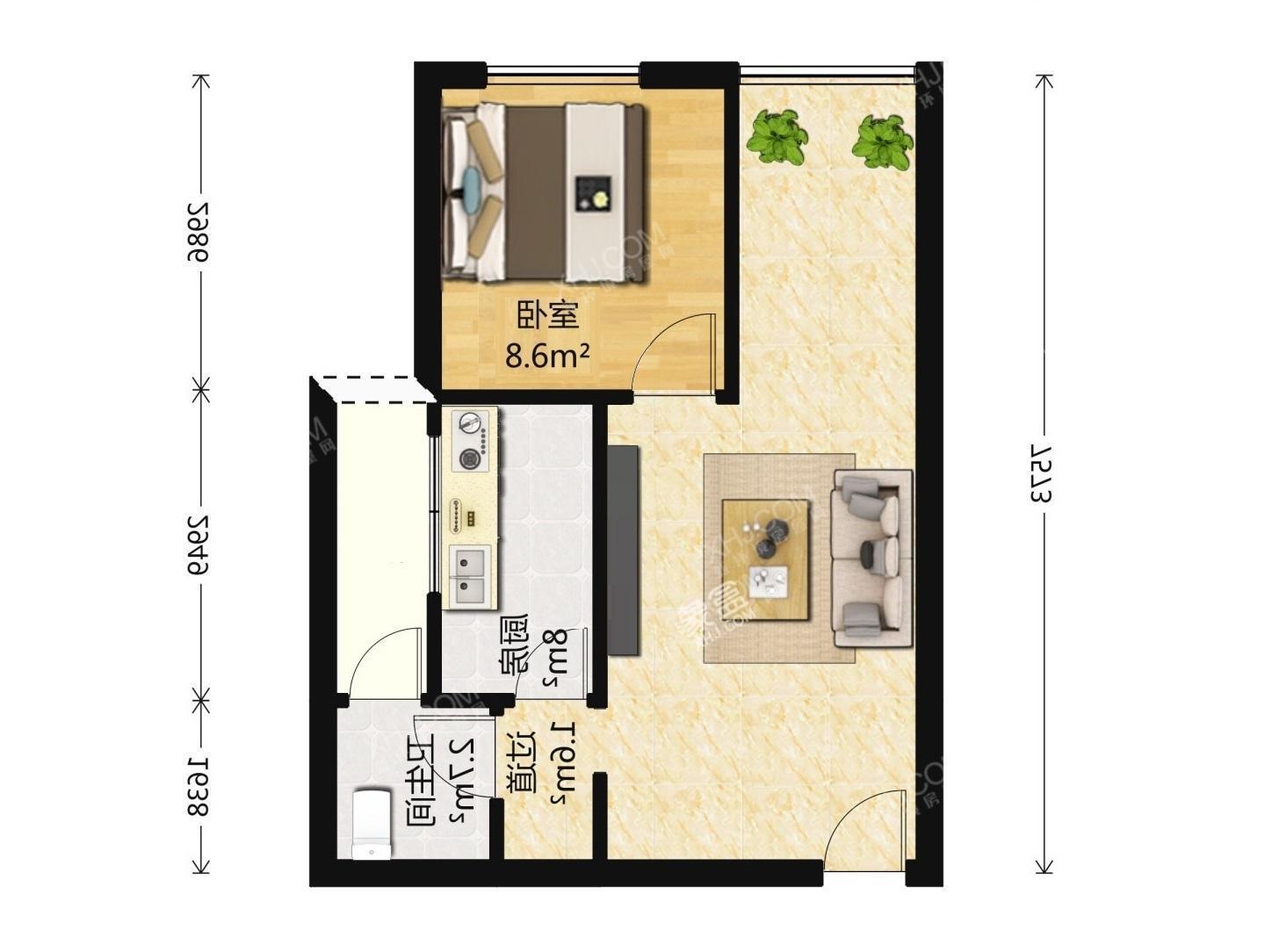 复城国际T5  1室1厅1卫   2600.00元/月室内图1