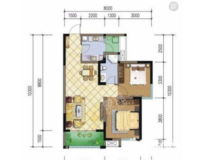 南湖春天  2室1厅1卫   1600.00元/月户型图