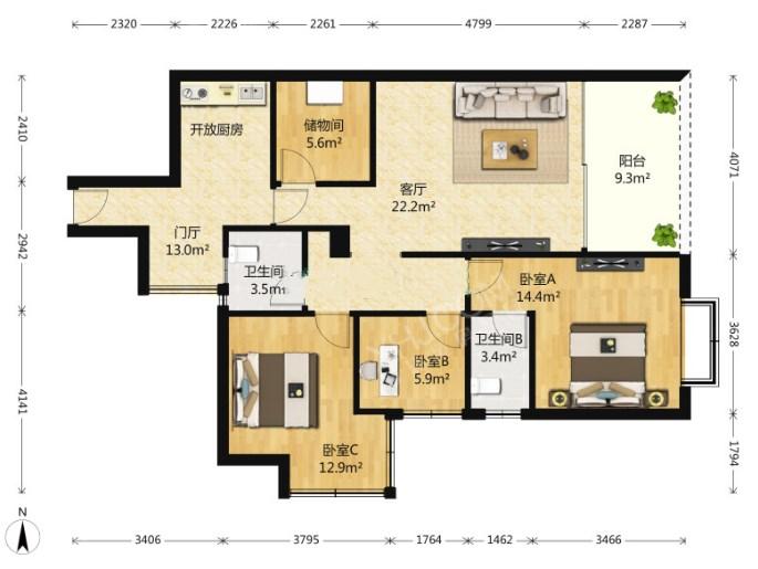 时代尊城  4室2厅2卫   288.00万室内图1