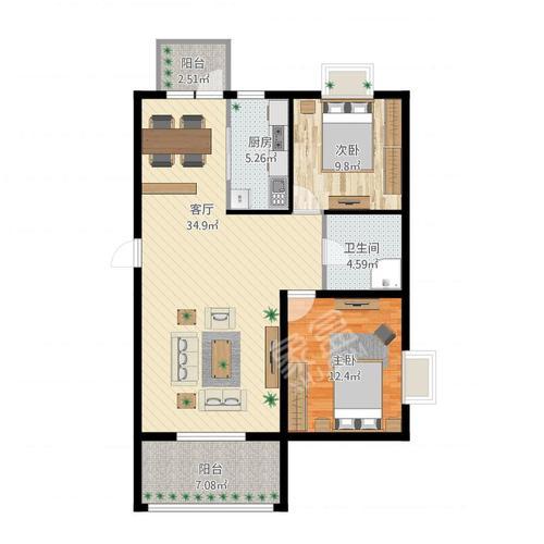 大汉资江城  2室2厅1卫   70.00万户型图