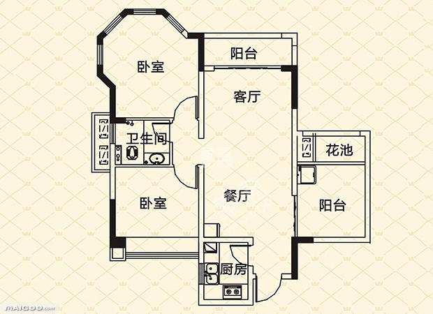 陆贾山庄  2室1厅1卫   1000.00元/月户型图