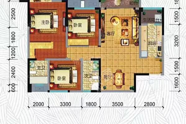 远大中央公园一期  3室2厅2卫   2300.00元/月户型图