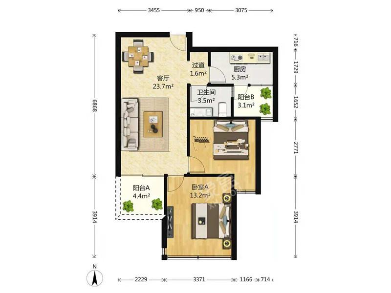 金阳易诚国际  2室1厅1卫   2200.00元/月室内图1