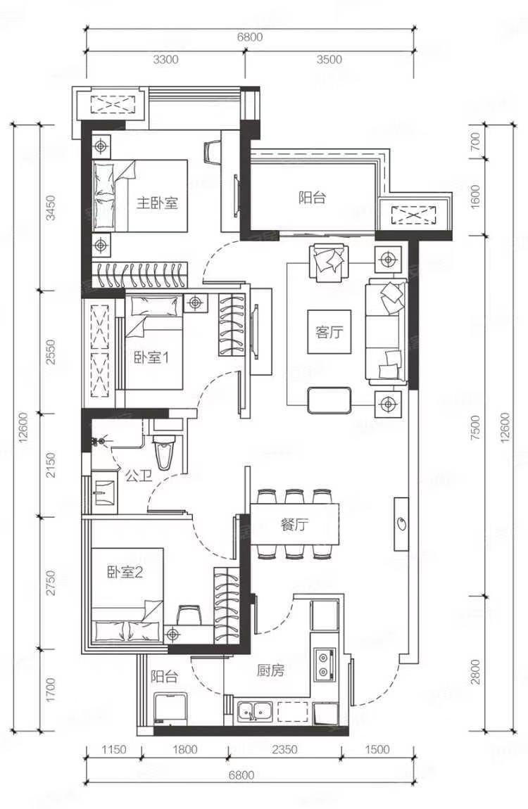 中信城右岸  3室1厅1卫   2200.00元/月户型图