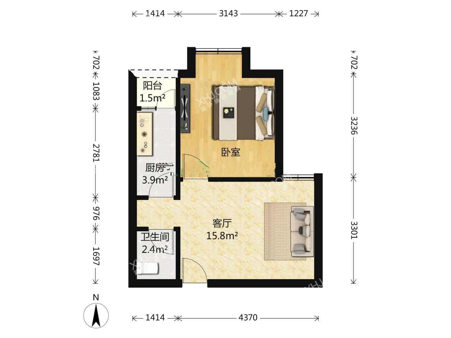 凯旋天际湾  1室1厅1卫   2300.00元/月室内图1