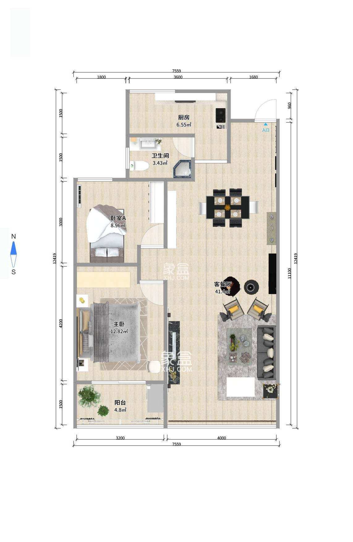 BOBO天下城（CTA财富中心）  2室2厅1卫   2600.00元/月室内图1