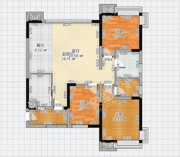 时代晶座  3室1厅1卫   3000.00元/月室内图1