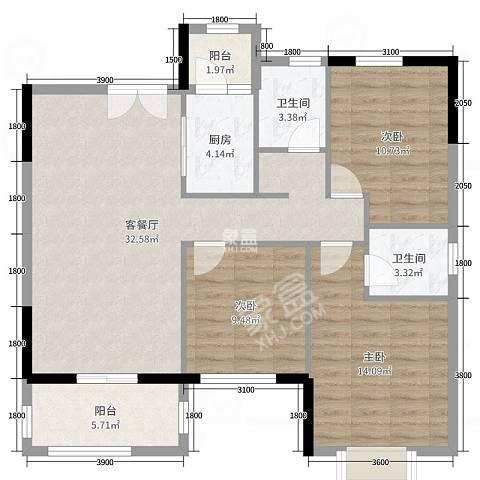 碧桂园（住宅）  3室2厅2卫   2600.00元/月户型图