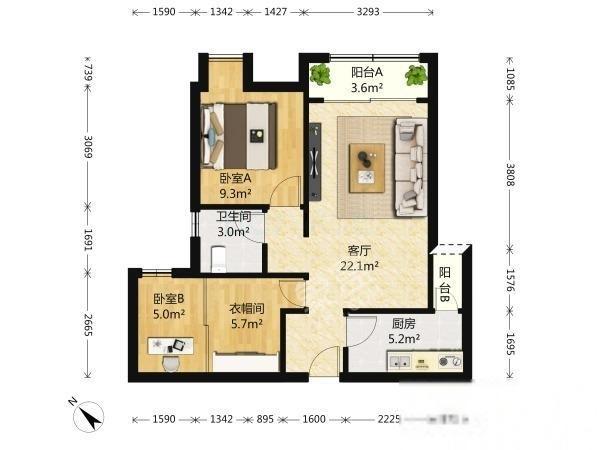 中信城佐岸  3室1厅1卫   2500.00元/月户型图